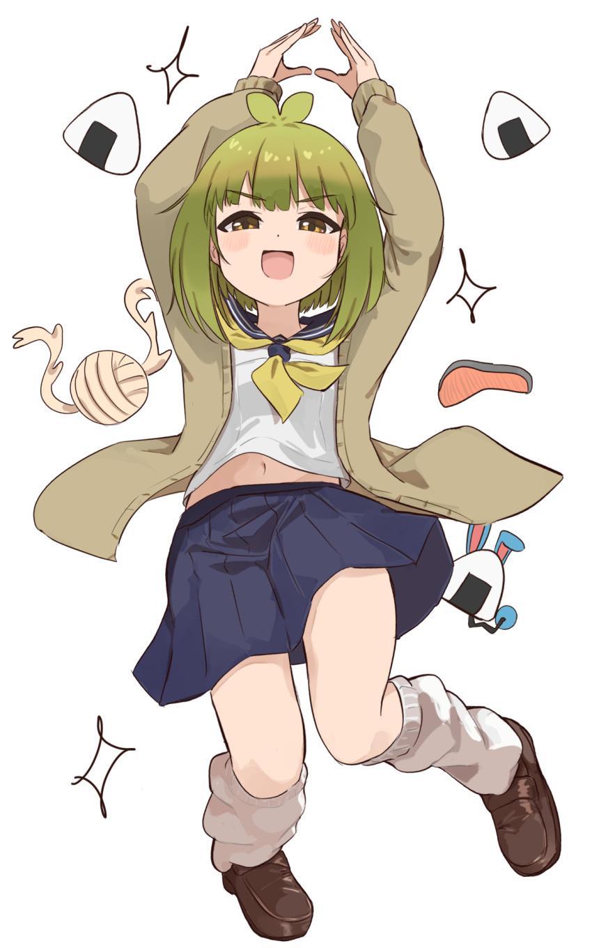 :d, bashame_meme, blue_skirt, brown_footwear, commentary, food, green_hair, highres