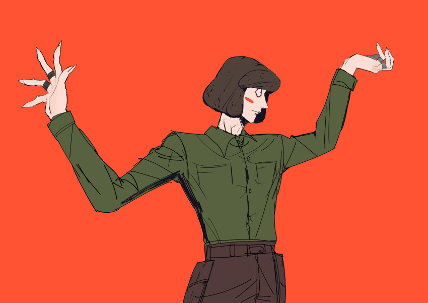 1boy, black_eyes, blush_stickers, brown_hair, english_commentary, fingernails, green_shirt, highres