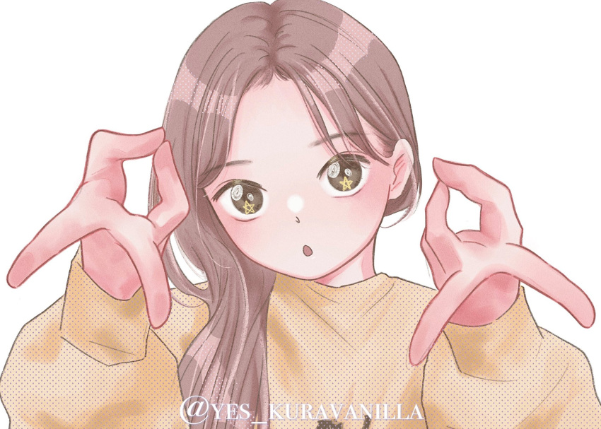 1girl, aespa, brown_hair, commentary, double_v, highres, k-pop, long_hair