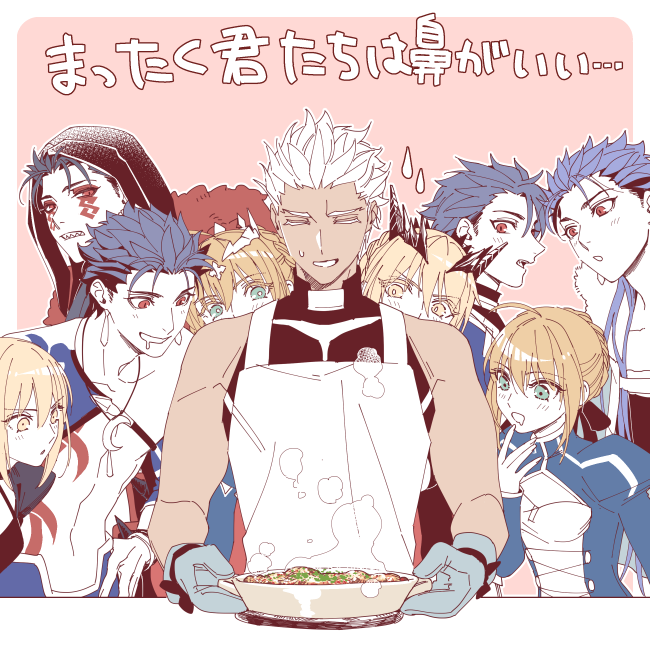 4girls, 5boys, archer_(fate), artoria_pendragon_(fate), artoria_pendragon_(lancer)_(fate), artoria_pendragon_(lancer_alter)_(fate), black_hood, blonde_hair