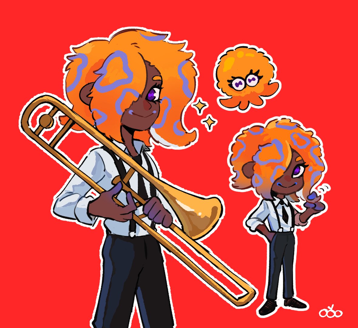 1girl, black_pants, black_suspenders, collared_shirt, hair_over_one_eye, holding, holding_instrument, holding_trombone