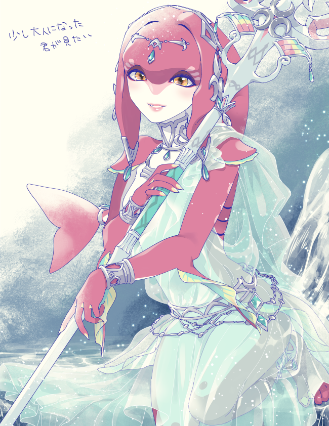 1girl, bracelet, colored_skin, commentary_request, dress, fingernails, fish_girl, gills