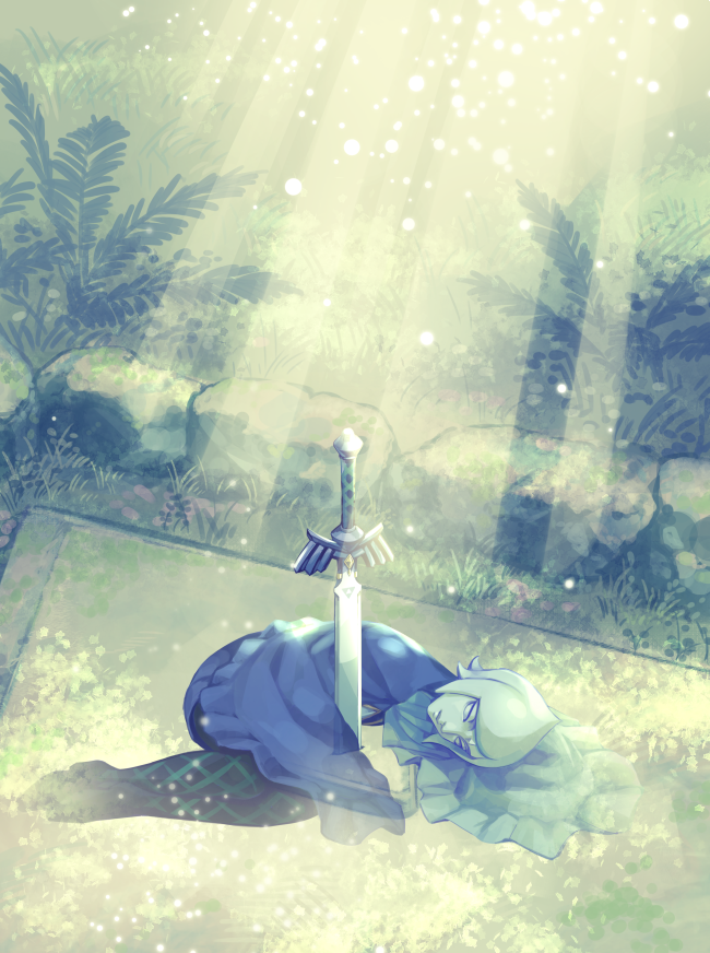 1girl, fi_(zelda), grass, light_rays, lying, master_sword, on_side, plant
