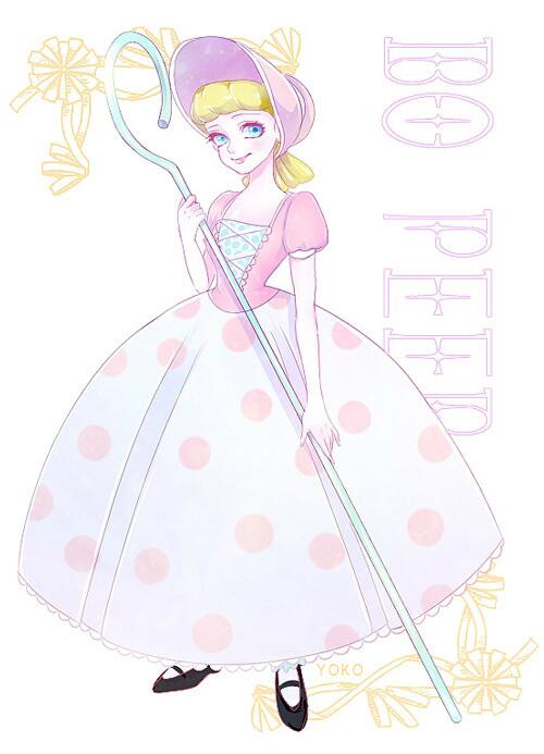 1girl, blonde_hair, blue_eyes, bo_peep_(toy_story), dress, full_body, hair_bun, hat