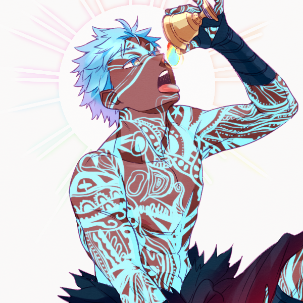 1boy, angra_mainyu_(fate), angra_mainyu_(third_ascension)_(fate), blue_eyes, blue_hair, chalice, commentary_request, cup, dark-skinned_male, dark_skin, fate/grand_order, fate_(series), full-body_tattoo, glowing_tattoo, holding, holding_cup, male_focus, open_mouth, shibakou, solo, tattoo, tongue, tongue_out, topless_male, upper_body