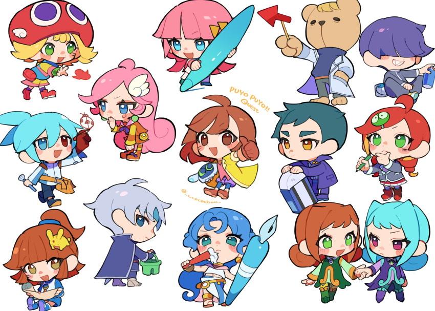 5boys, 6+girls, :d, amitie_(puyopuyo), andou_ringo, aqua_eyes, arle_nadja, artist_name, atari_(puyopuyo), blonde_hair, blue_cape, blue_hair, blue_headband, blue_pants, blunt_bangs, blush, brown_eyes, brown_hair, bucket, cape, carbuncle_(puyopuyo), character_hair_ornament, chibi, closed_mouth, coat, copyright_name, creature_on_head, earrings, eraser, folded_fan, folding_fan, frown, full_body, green_eyes, grey_hair, grey_jacket, grin, hair_between_eyes, hair_ornament, hair_over_eyes, hairclip, hand_fan, hand_in_pocket, hat, headband, heterochromia, high_ponytail, highres, holding, holding_brush, holding_bucket, holding_fan, holding_hands, holding_pen, holding_pencil, jacket, jewelry, long_hair, long_sleeves, looking_at_another, looking_at_viewer, multiple_boys, multiple_girls, nib_pen_(object), open_clothes, open_coat, open_mouth, orange_hair, oversized_object, pants, pen, pencil, pink_hair, pleated_skirt, ponytail, purple_hair, purple_shorts, puubot_(puyopuyo), puyo_(puyopuyo), puyopuyo, puyopuyo_quest, rafisol_(puyopuyo), red_eyes, red_hair, red_hat, red_skirt, risukuma_(puyopuyo), roquier_(puyopuyo), sasaki_maguro, schezo_wegey, school_uniform, seo_(puyopuyo), shirt, short_hair, shorts, sig_(puyopuyo), simple_background, sitting, skirt, smile, spray_can, standing, sweat, thumbs_up, twitter_username, urolo, violet_eyes, white_background, white_shirt, white_skirt, yellow_coat