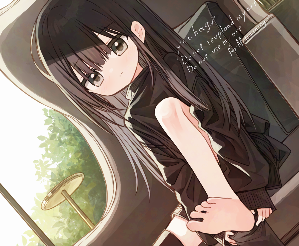 1girl, armchair, barefoot, black_sweater, blush, brown_eyes, brown_hair, brown_socks