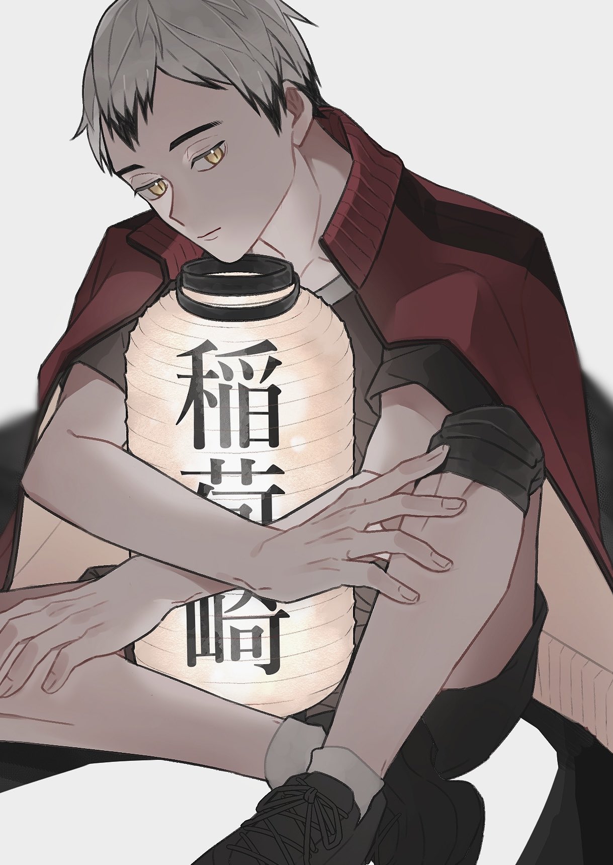 1boy, black_footwear, black_hair, black_shirt, black_shorts, closed_mouth, collarbone, collared_jacket
