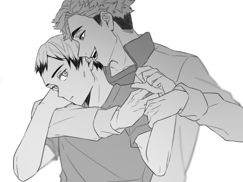 2boys, arm_around_shoulder, arm_up, closed_mouth, collared_jacket, commentary_request, crew_neck, eringi895