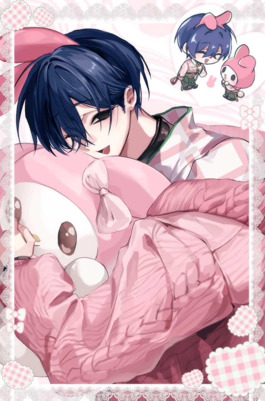 1boy, animal_ears, black_collar, black_eyes, blue_hair, border, bow, charisma_house