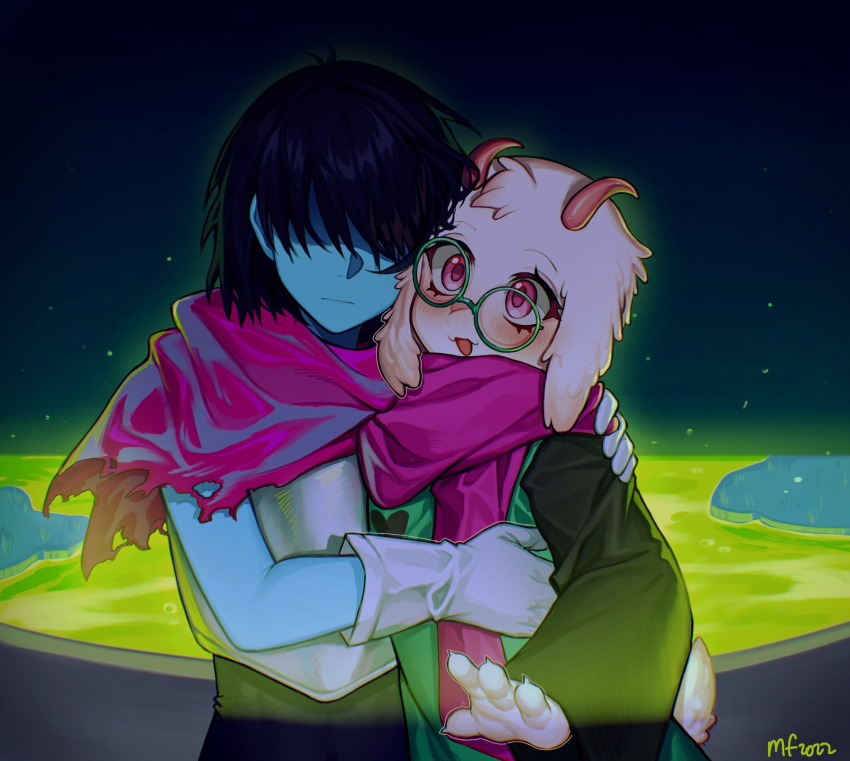 1boy, 1other, antenna_hair, armor, backlighting, black_hair, blue_skin, blush, cheek-to-cheek, closed_mouth, colored_skin, commentary, cross-eyed, deltarune, english_commentary, facing_viewer, fewer_digits, furry, furry_male, furry_with_non-furry, glasses, gloves, goat_boy, green-framed_eyewear, green_robe, hair_over_eyes, hand_on_another's_shoulder, heads_together, heart, highres, horns, interspecies, kris_(dark_world)_(deltarune), kris_(deltarune), long_sleeves, mary_felizola, open_mouth, other_with_male, pink_eyes, pink_horns, pink_scarf, ralsei, robe, round_eyewear, scarf, scene_reference, short_hair, tail, torn_clothes, torn_scarf, upper_body, white_fur, white_gloves