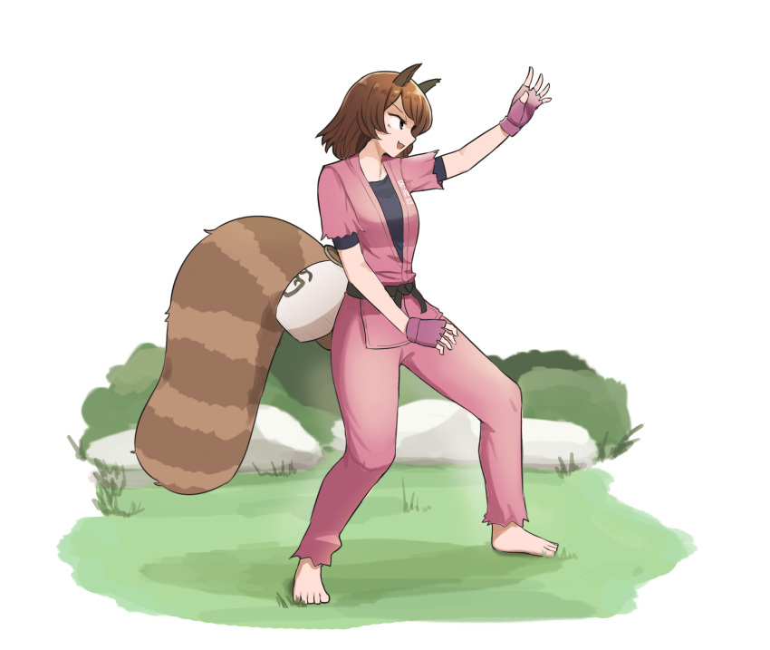 1girl, absurdres, animal_ears, barefoot, belt, black_belt, bottle, brown_eyes