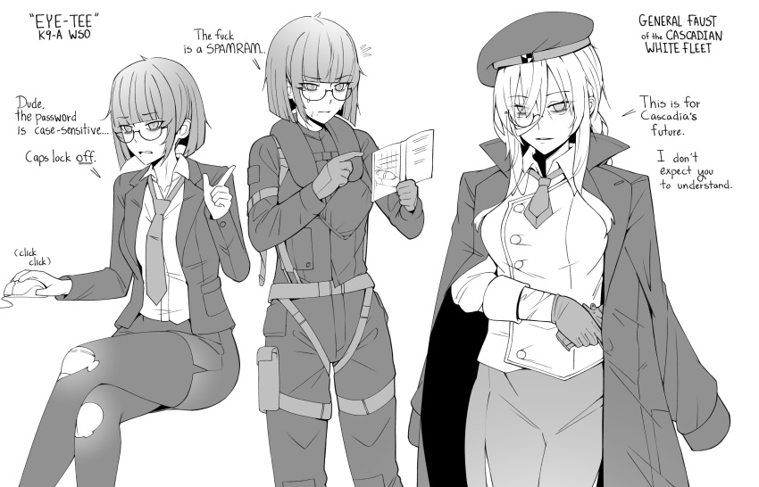 2girls, absurdres, beret, blunt_bangs, bob_cut, book, buttons, character_name, clenched_teeth, coat, coat_on_shoulders, collared_shirt, computer_mouse, english_commentary, english_text, eye-tee_(project_wingman), faust_(project_wingman), feet_out_of_frame, flight_suit, formal_clothes, g-suit, gloves, gun, hair_between_eyes, handgun, harness, hat, highres, holding, holding_book, holding_gun, holding_weapon, jacket, lapels, long_hair, long_sleeves, military_jacket, military_uniform, monochrome, monocle, multiple_girls, necktie, notice_lines, office_lady, open_clothes, open_jacket, pantyhose, parted_lips, pencil_skirt, pointing, profanity, project_wingman, reading, semi-rimless_eyewear, shirt, shirt_tucked_in, short_hair, simple_background, skirt, strap, suit, suit_jacket, sweat, teeth, torn_clothes, torn_pantyhose, velkavelkavelka, weapon, white_background