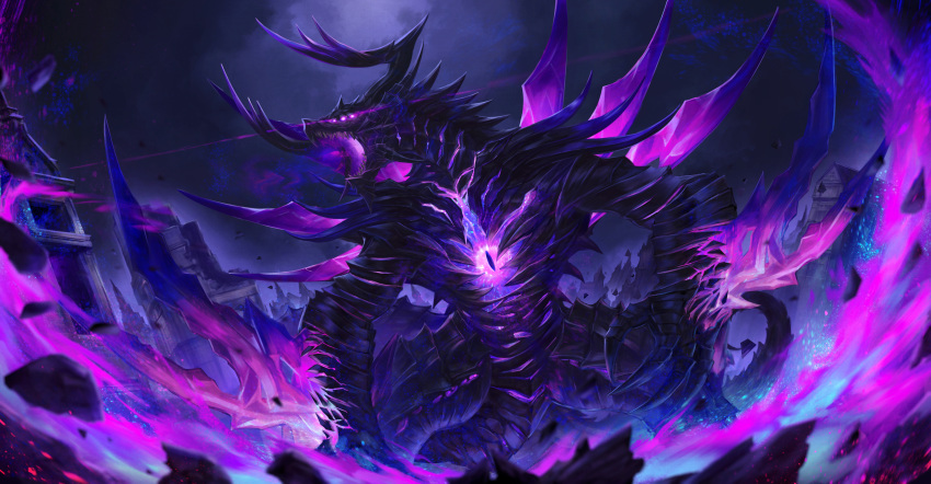 absurdres, akana93, claws, creature, dragon, dragon_claw, dragon_horns, extra_eyes, fantasy, giant, giant_monster, highres, horns, monster, monster_focus, no_humans, open_mouth, original, outdoors, sharp_teeth, teeth, western_dragon