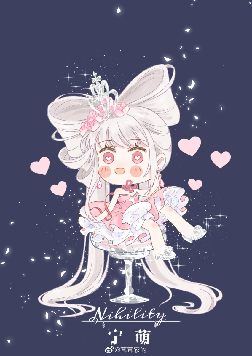1girl, absurdly_long_hair, abu_cide, arm_ribbon, artist_name, bare_arms, bare_shoulders, big_hair, blue_background, blush_stickers, bow-shaped_hair, bright_pupils, character_request, chibi, crown, dress, earrings, eyelashes, flower, flower_knot, footwear_flower, glass_slipper, hair_flower, hair_ornament, hair_spread_out, happy, heart, heart-shaped_pupils, highres, jewelry, light_particles, long_hair, looking_at_viewer, low_twintails, miracle_nikki, neck_ribbon, nikki_(series), on_stool, open_mouth, petals, petticoat, pink_dress, pink_eyes, pink_flower, pink_ribbon, pink_rose, ribbon, rose, sample_watermark, short_dress, simple_background, sitting, smile, solo, sparkle, strapless, strapless_dress, symbol-shaped_pupils, twintails, very_long_hair, watermark, weibo_watermark, white_crown, white_footwear, white_hair, white_pupils