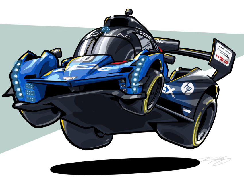 absurdres, cadillac, cadillac_v-series.r, car, chibi, english_commentary, glowing, highres, imsa_sportscar_championship, kevinpaigeart, le_mans_prototype, midair, motor_vehicle, no_humans, race_vehicle, racecar, shadow, signature, spoiler_(automobile), vehicle_focus