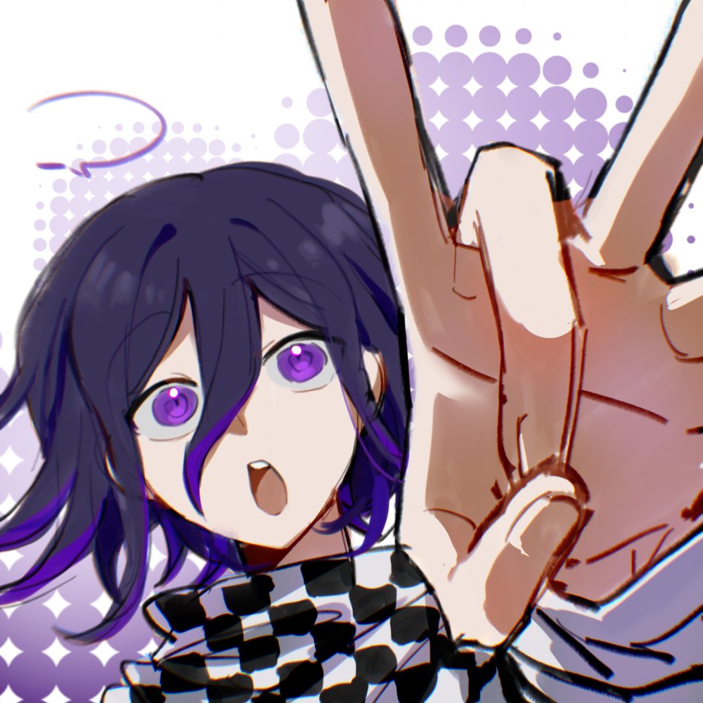 1boy, blank_speech_bubble, checkered_clothes, checkered_scarf, commentary_request, danganronpa_(series), danganronpa_v3:_killing_harmony, flick, flipped_hair, foreshortening, hair_between_eyes, hand_focus, incoming_forehead_flick, long_sleeves, looking_at_viewer, male_focus, oma_kokichi, open_mouth, photo-referenced, portrait, purple_hair, ringed_eyes, scarf, short_hair, simple_background, sketch, solo, speech_bubble, teeth, tujiang6, two-tone_scarf, violet_eyes, wide-eyed