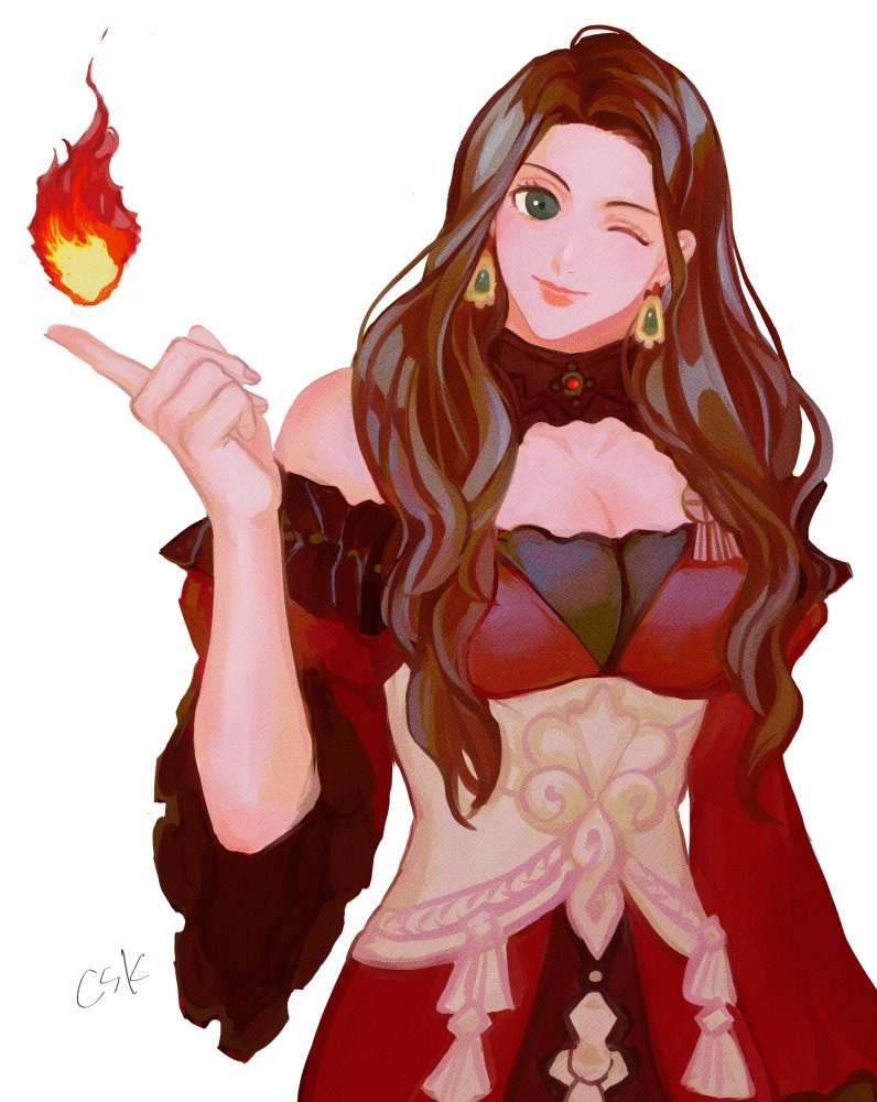1girl, brown_hair, detached_collar, dorothea_arnault, dress, earrings, english_commentary, fire