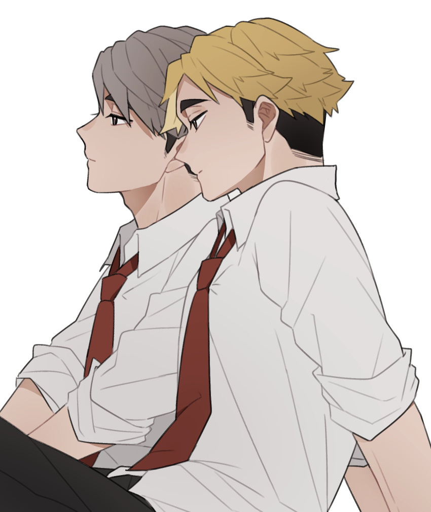 2boys, adam's_apple, arm_support, black_hair, black_pants, blonde_hair, brothers, brown_eyes