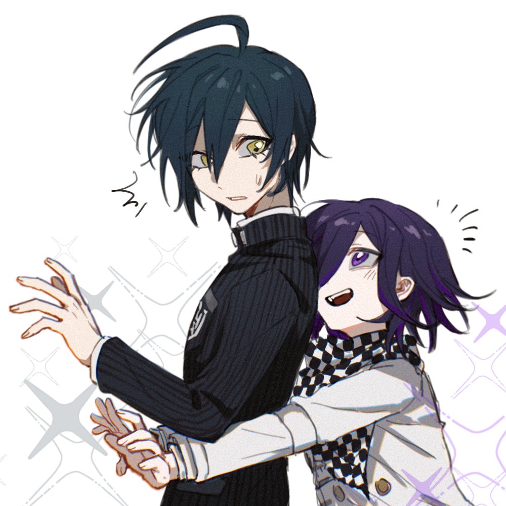 2boys, affectionate, ahoge, black_hair, blush, checkered_clothes, checkered_scarf, commentary