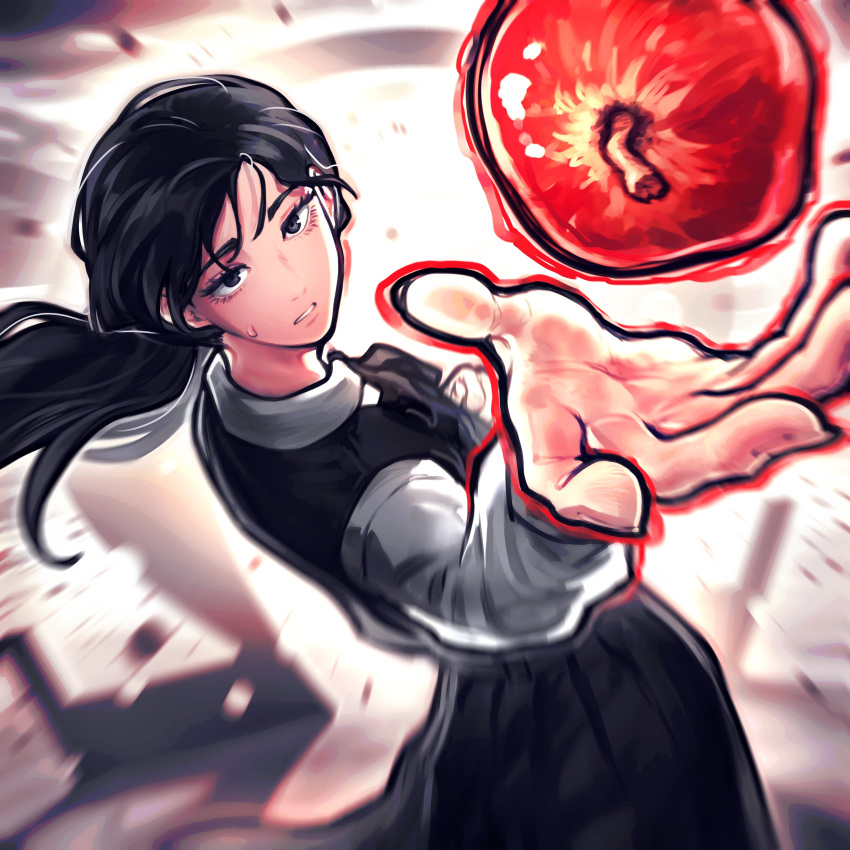 1girl, absurdres, apple, black_dress, black_eyes, black_hair, chainsaw_man, dress