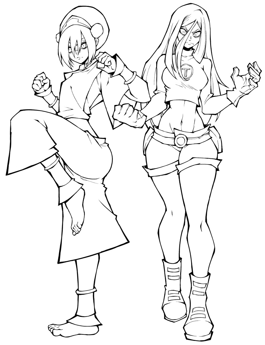 2girls, absurdres, animification, avatar:_the_last_airbender, avatar_legends, barefoot, blind, boots