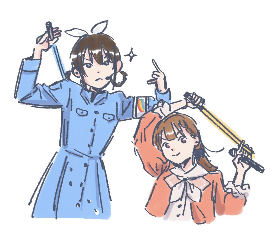 >:(, >:), 2girls, armband, black_bow, bloom_the_smile_bloom_the_dream!, blue_dress, bow