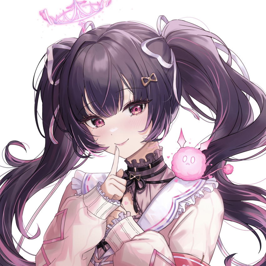 1girl, closed_mouth, ella_7737, finger_to_mouth, floating_hair, hair_between_eyes, hair_tie, head_tilt