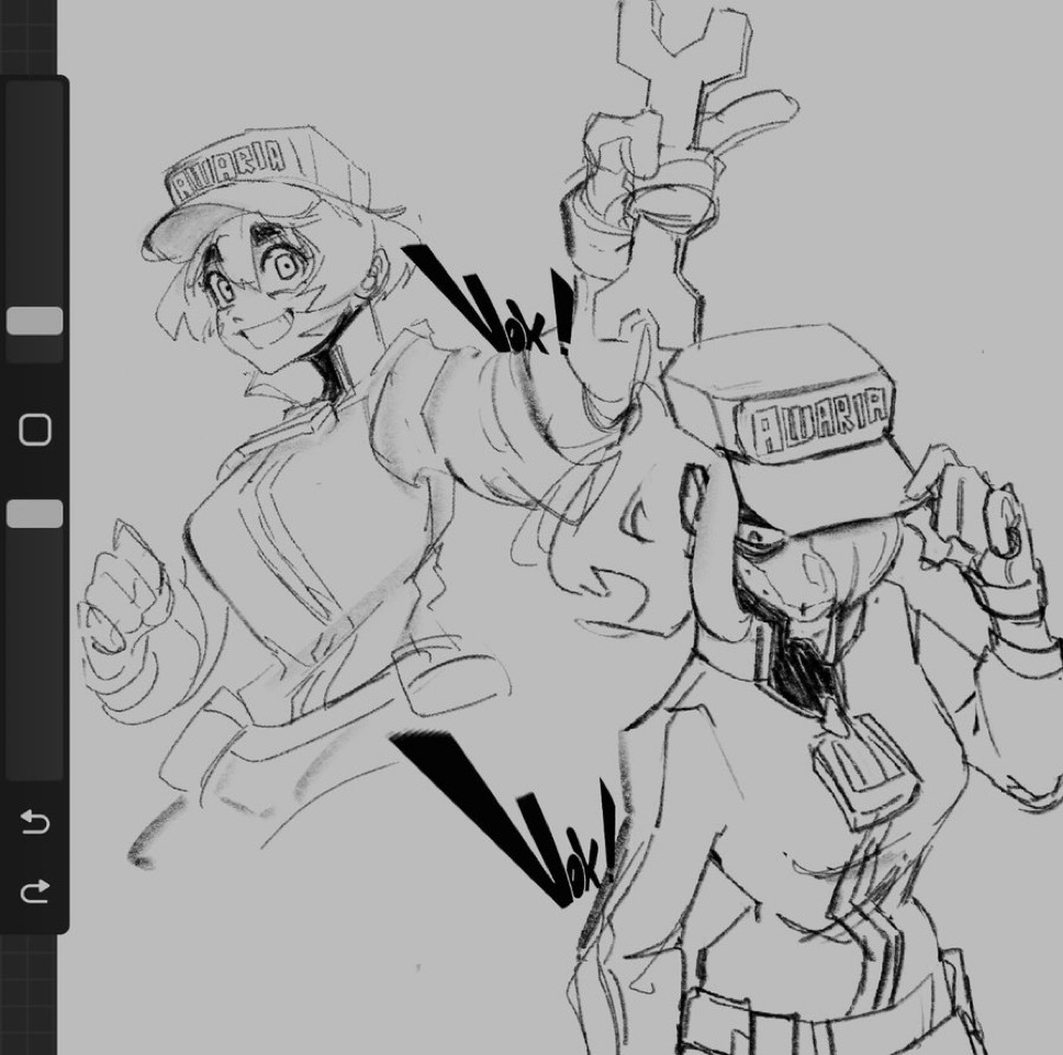 2girls, :d, awaria, baba_yaga_(awaria), belt_pouch, gloves, hair_over_one_eye, hat