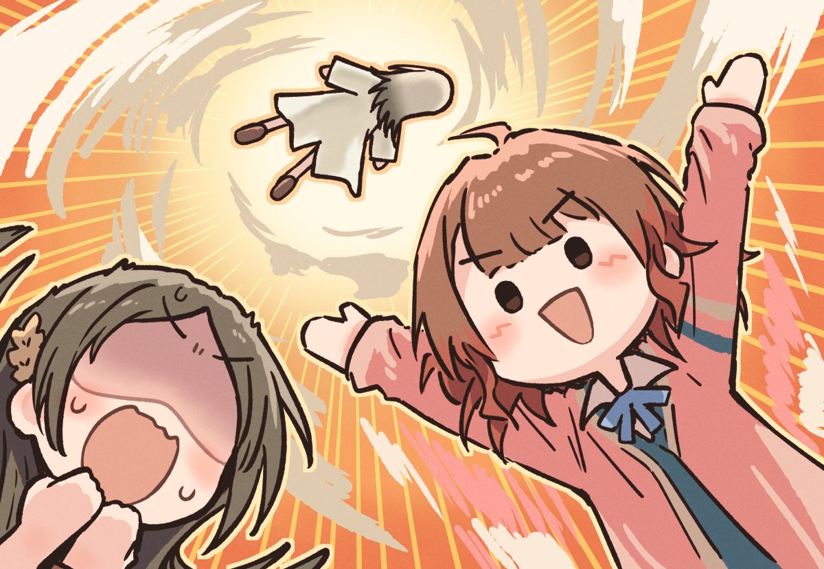 3girls, ahoge, blown_away, blue_ribbon, brown_eyes, brown_hair, bullfalk, cardigan