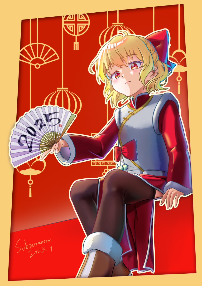 1girl, 2025, alternate_costume, blonde_hair, bow, brown_footwear, china_dress, chinese_clothes