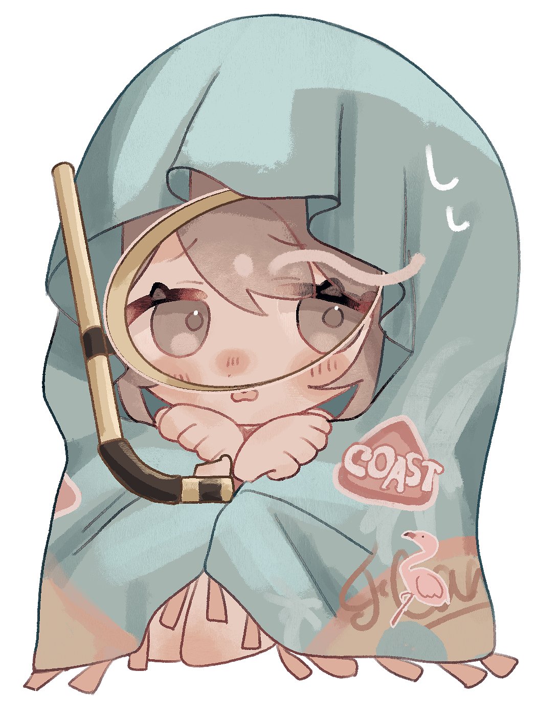 1girl, :o, chibi, diving_mask, flamingo_print, full_body, goggles, grey_hair