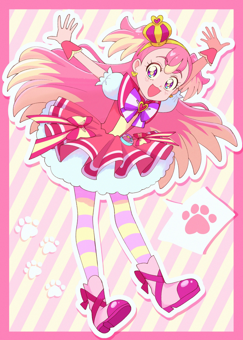 1girl, :3, :d, absurdres, arched_crown, arms_up, blush, boots