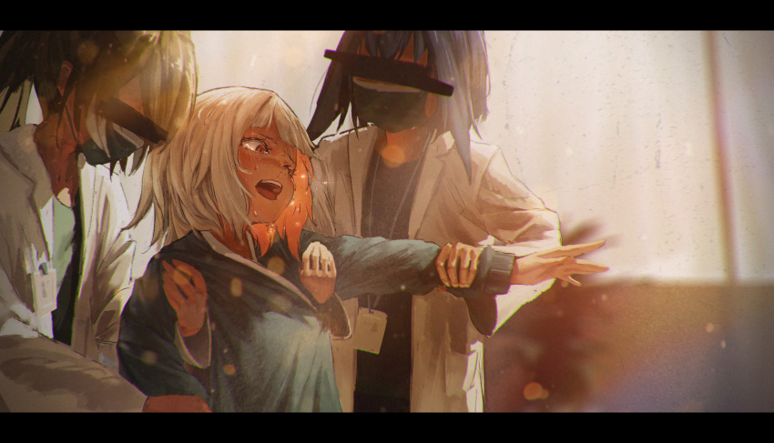 3girls, absurdres, backlighting, blue_shirt, brown_hair, censored, censored_identity, coat