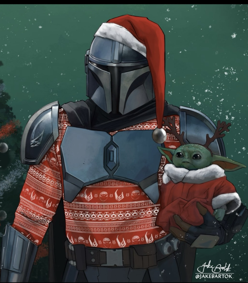 2boys, alien, artist_name, christmas, christmas_sweater, colored_skin, din_djarin, fur-trimmed_headwear