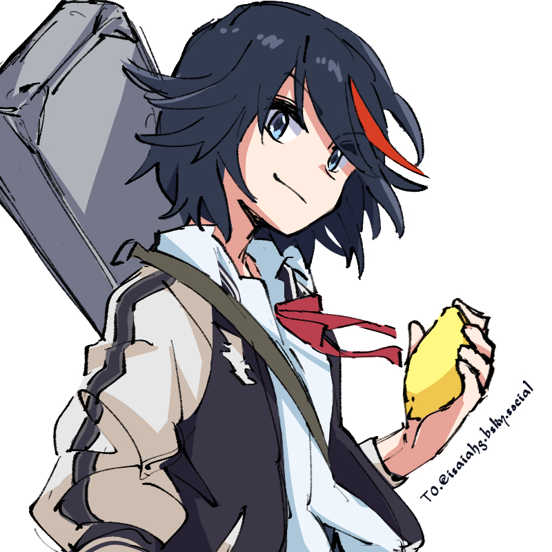 1girl, alonemistrist, black_hair, blue_eyes, closed_mouth, english_commentary, from_side, jacket, kill_la_kill, long_sleeves, looking_at_viewer, matoi_ryuuko, matoi_ryuuko_(casual), multicolored_hair, open_clothes, open_jacket, red_hair, red_streaks, short_hair, smile, solo, streaked_hair, upper_body, white_background