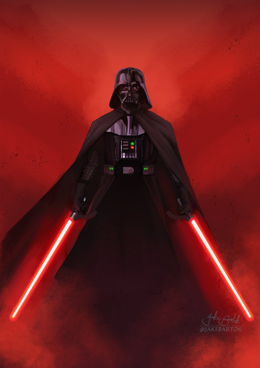 1boy, armor, artist_name, black_armor, black_cape, black_helmet, cape, darth_vader