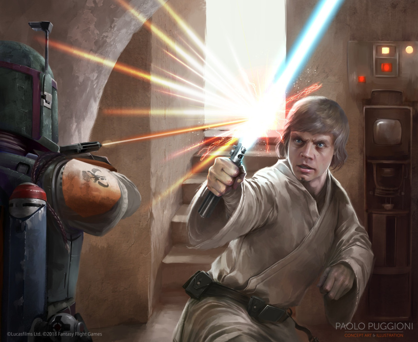 2boys, armor, artist_name, blonde_hair, blue_eyes, blue_lightsaber, boba_fett, energy_sword