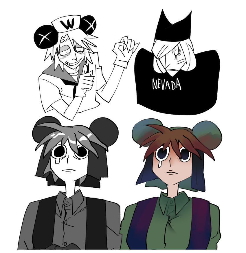 3boys, animal_hat, black_eyes, brown_hair, cat_hat, english_commentary, hat, highres