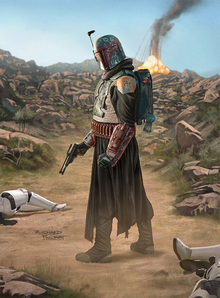 3boys, armor, blue_sky, boba_fett, corpse, day, explosion, gun, handgun, helmet, holding, holding_gun, holding_weapon, mandalorian, mandalorian_armor, mandalorian_helmet, multiple_boys, outdoors, richard_philpott, signature, sky, solo_focus, standing, star_wars, stormtrooper, weapon