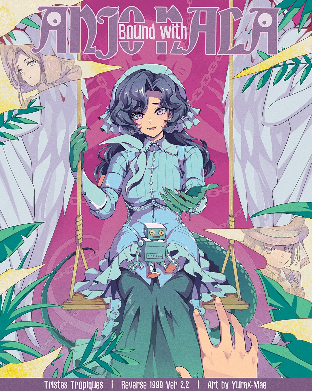 1other, 3girls, :d, angel_statue, anjo_nala, artist_name, black_hair, blue_corset, blue_hat, blue_neckerchief, blue_shirt, character_name, coif, corset, dress, gloves, green_gloves, green_skirt, green_tail, hands_up, hat, highres, lizard_tail, long_dress, long_hair, looking_at_viewer, ms._grace_(reverse:1999), multiple_girls, neckerchief, outstretched_hand, plant, pov, pov_hands, reverse:1999, shirt, sitting, skirt, smile, solo_focus, swing, tail, toy_robot, vertin_(reverse:1999), violet_eyes, yurax-mae