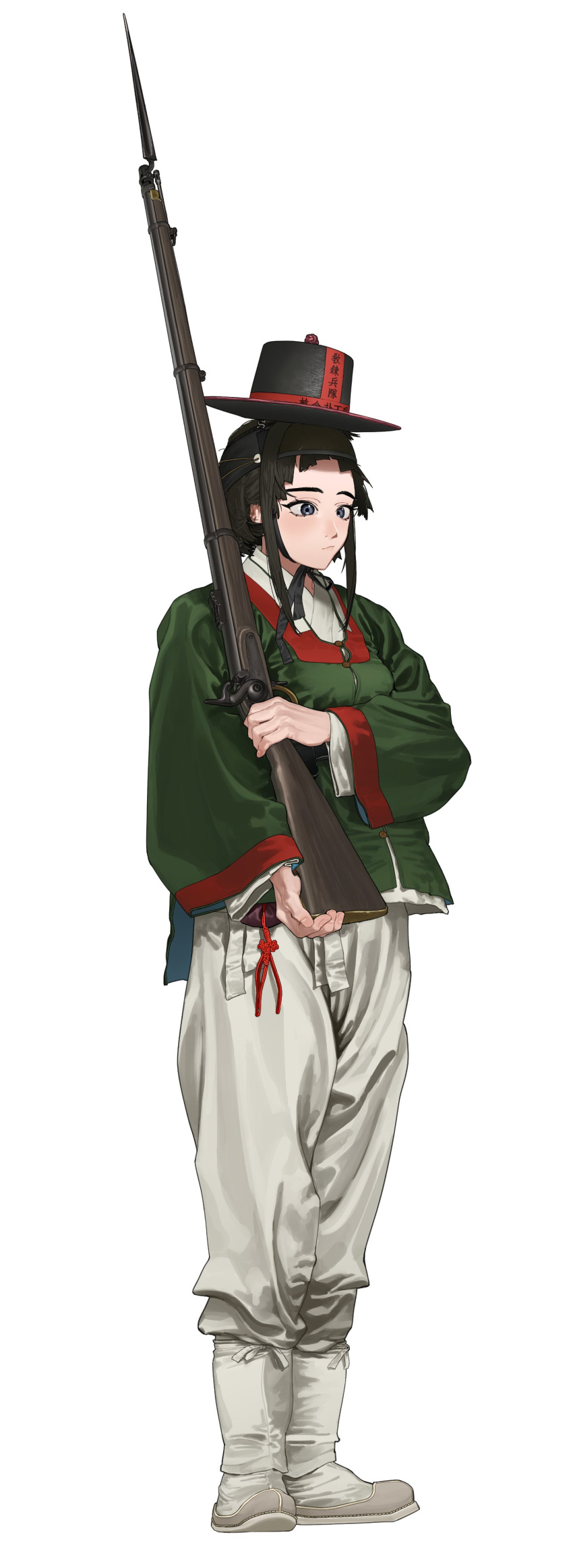 1girl, absurdres, antique_firearm, bayonet, black_hair, blunt_bangs, blush, breasts