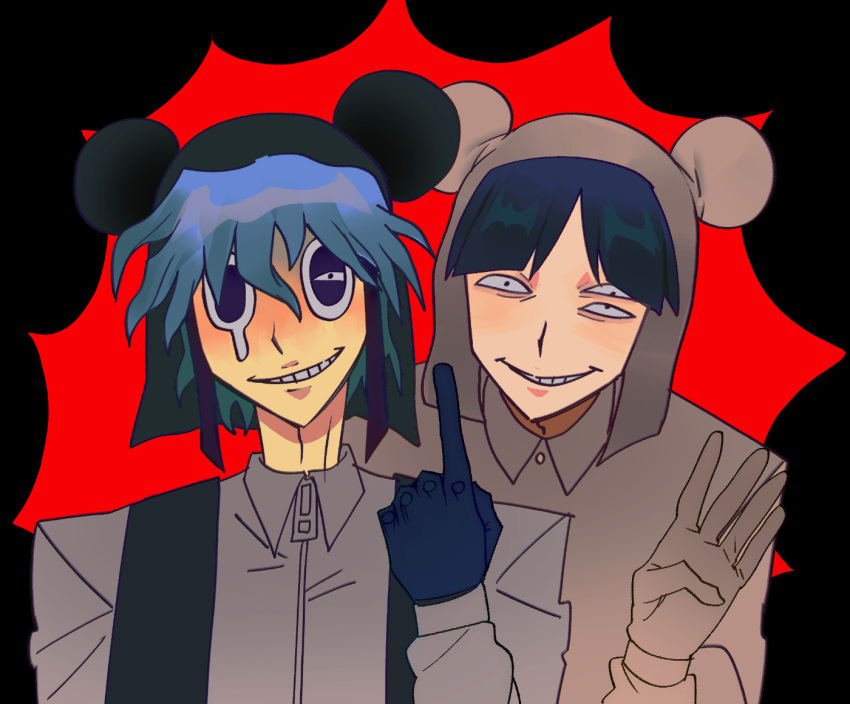 2boys, animal_hat, black_eyes, black_hair, blue_hair, english_commentary, extra_eyes, gloves