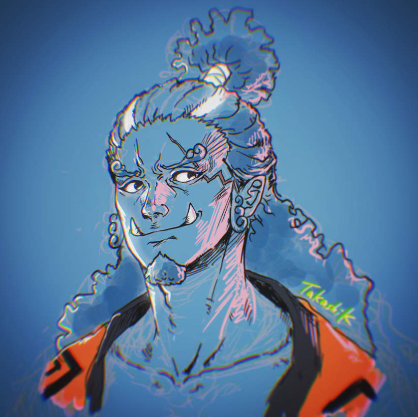 1boy, absurdres, artist_name, black_eyes, blue_skin, chasenmage, closed_mouth, collarbone