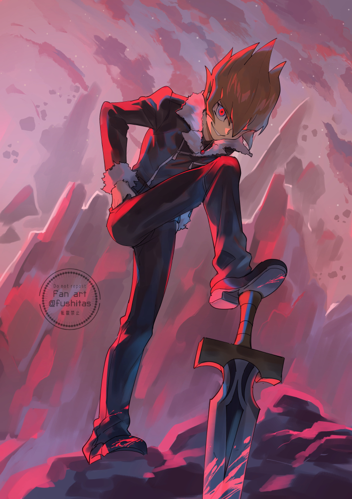 1boy, black_jacket, black_pants, boots, brown_hair, captain_morgan_pose, commentary_request, evil_grin