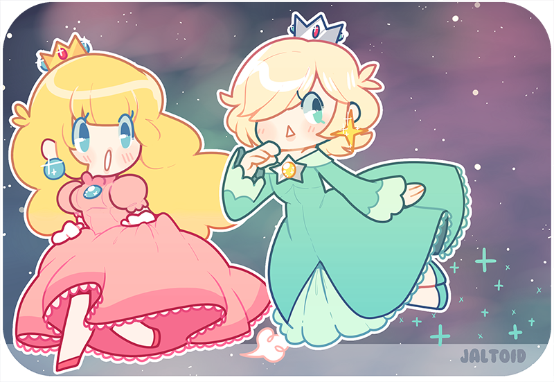 2girls, bare_shoulders, blonde_hair, blue_eyes, crown, dress, earrings, gloves