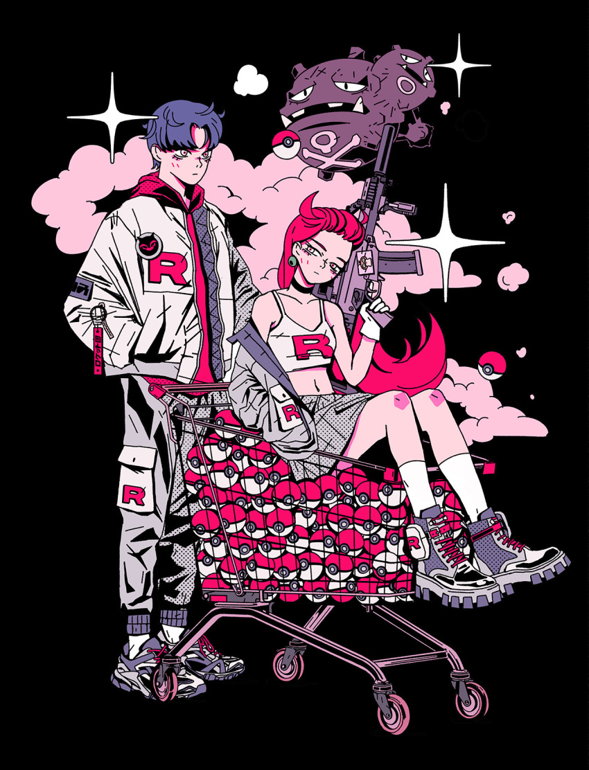 1boy, 1girl, alternate_costume, arkestar, black_background, blue_hair, choker, clouds