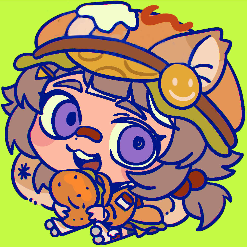 animal_ear_fluff, animal_ears, anime_coloring, braid, brown_hair, burger, burger_hat, chibi