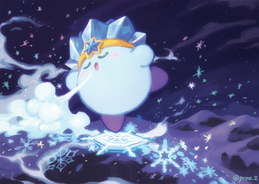 arms_up, breath_weapon, breathing_ice, closed_eyes, commentary_request, copy_ability, ice_kirby, kirby, kirby_(series), korean_commentary, night, no_humans, open_mouth, outdoors, prne_2, sky, snow, snowflakes, solo, sparkle, star_(symbol), twitter_username