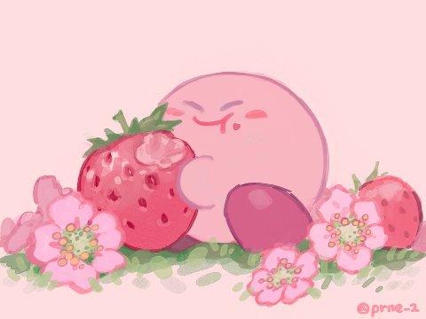 blush, closed_eyes, closed_mouth, commentary_request, eating, flower, food, food_on_face, fruit, grass, holding, holding_food, holding_fruit, kirby, kirby_(series), korean_commentary, lowres, no_humans, pink_background, pink_flower, prne_2, simple_background, strawberry, twitter_username